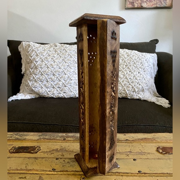 BOHO HOME DECOR CARVED WOODEN MANDALA SAGE INCENSE BURNER HOLDER OR TRINKET BOX - Picture 4 of 11